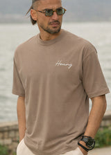 HENRY CLOTHING Ανδρική κοντομάνικη μπλούζα camel Henry Calligraphy 3-633-brown
