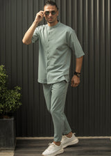 HENRY CLOTHING - Ανδρικό κοντομάνικο πουκάμισο μάο - Μέντα 9-100