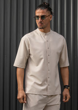 HENRY CLOTHING - Ανδρικό κοντομάνικο πουκάμισο μάο - μπεζ 9-100
