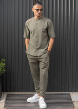 HENRY CLOTHING - Ανδρικό κοντομάνικο πουκάμισο μάο - χακί 9-100