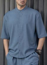 HENRY CLOTHING - Ανδρικό κοντομάνικο πουκάμισο μάο - μπλε ραφ 9-100