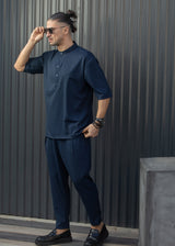 HENRY CLOTHING Ανδρικό κοντομάνικο πουκάμισο μάο σκούρο μπλε 9-140-blue