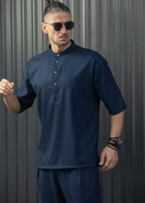 HENRY CLOTHING Ανδρικό κοντομάνικο πουκάμισο μάο σκούρο μπλε 9-140-blue