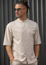 HENRY CLOTHING - Ανδρικό κοντομάνικο πουκάμισο μάο - μπεζ  9-100
