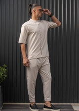 HENRY CLOTHING - Ανδρικό κοντομάνικο πουκάμισο μάο - μπεζ  9-100