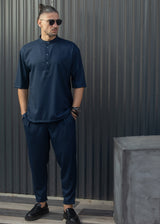HENRY CLOTHING Ανδρικό κοντομάνικο πουκάμισο μάο σκούρο μπλε 9-140-blue