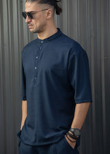 HENRY CLOTHING Ανδρικό κοντομάνικο πουκάμισο μάο σκούρο μπλε 9-140-blue
