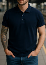 Κοντομάνικη μπλούζα τύπου πόλο GUF - A-150-3 - basic polo slim fit tee σκούρο μπλε